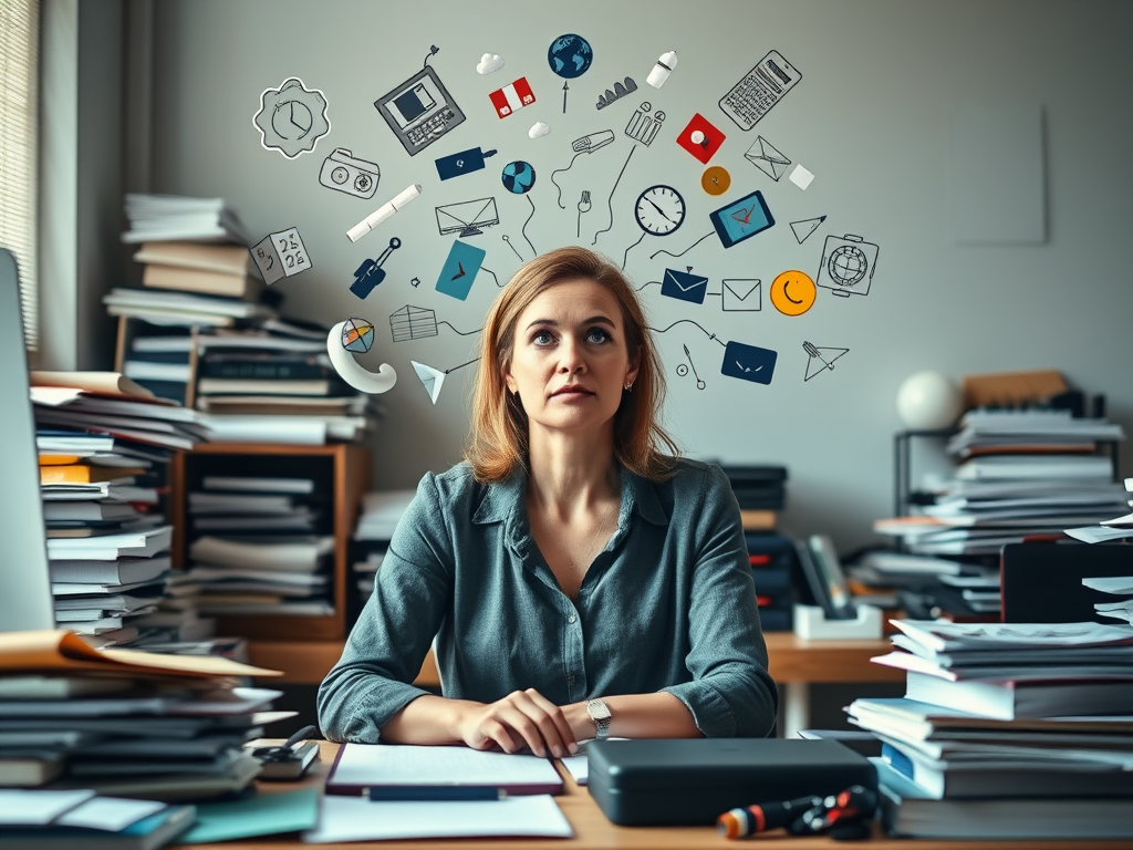 Mujer profesional agotada intentando hacer multitasking, representando la saturación por carga mental y basura mental en el trabajo y el hogar.